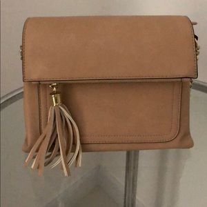 Max studio beige leather strap purse with tassel